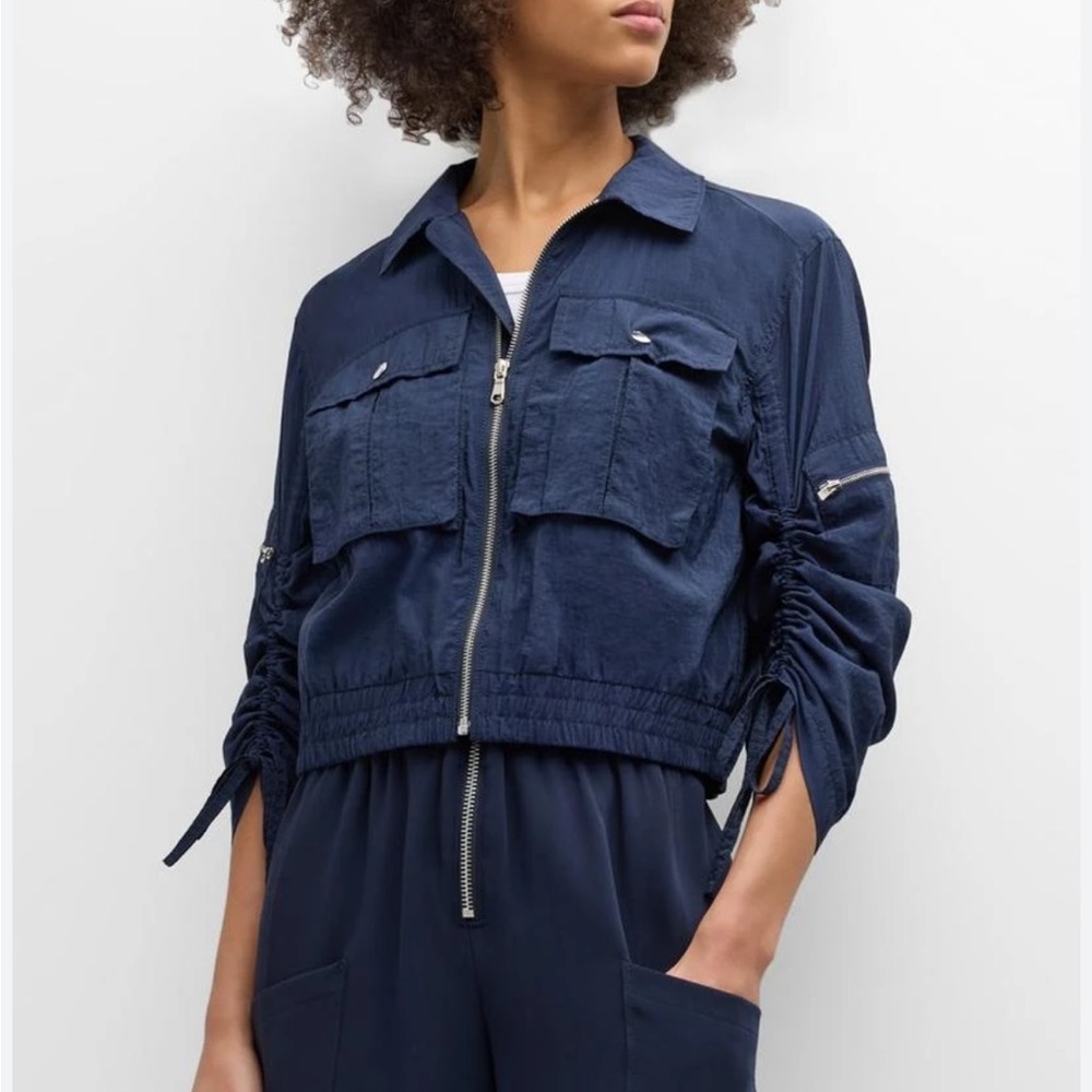 Nwt Cinq à Sept bomber Jacket Navy indigo blue Cropped Utility Ruched Sleeves xs